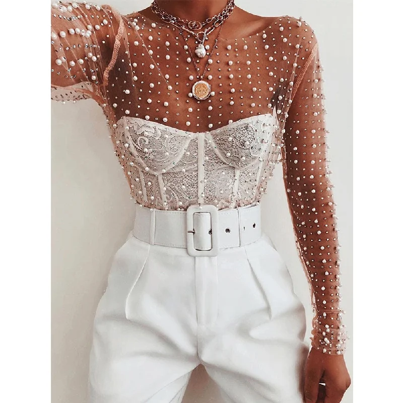 Wjczt Gtpdpllt Sexy See Through T Shirt Women Mesh Patchwork Diamonds Pearl Slim T-Shirts Elegant Crop Tops Female 2023 Spring Clothes Elegant Classic Vintage Wjczt Gtpdpllt Sexy See Through T Shirt Women Mesh Patchwork Diamonds Pearl Slim T-Shirts Elegant Crop Tops Female 2023 Spring Clothes Elegant Classic Vintage