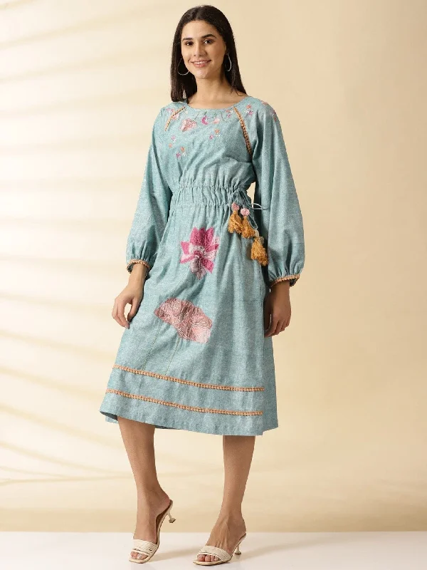 Applique Lotus Flower Dress - Aqua Khadi Tunics Lace romantic