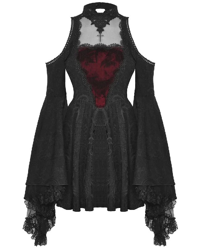 Dark In Love Dark Gothic Vampire Jacquard Flare-Sleeve Dress - Black & Red Tunics Stylish modern