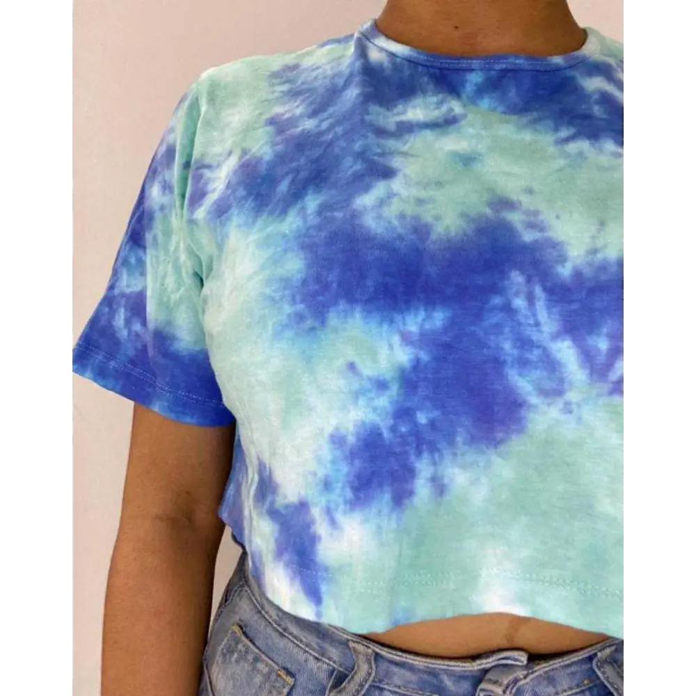 Teal & Blue Dots Tie Dye Cotton Crop Top Solid Print Embellished