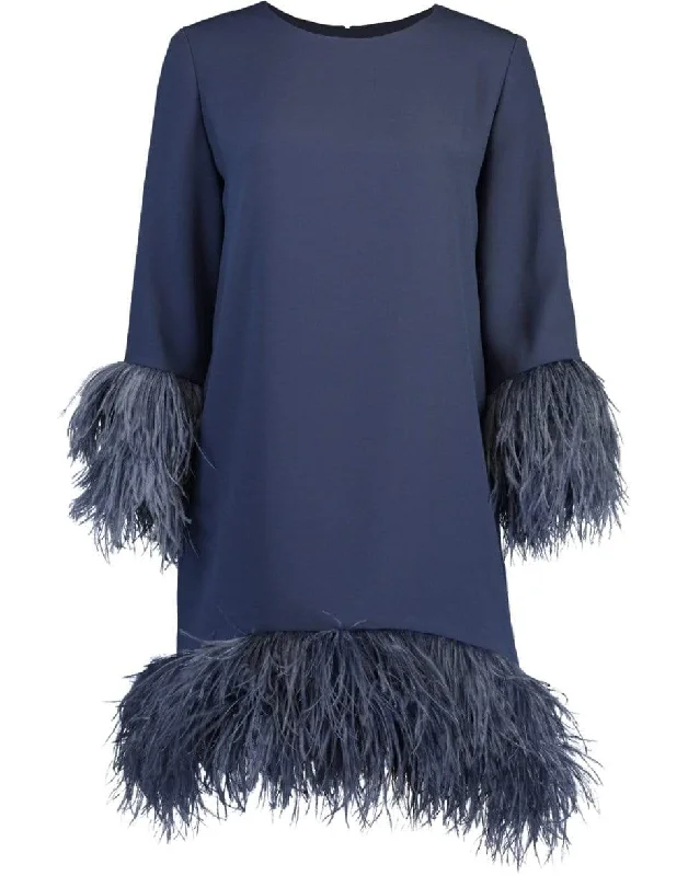 Jewel Neck Feather Trim Dress Tunics Short Trendy