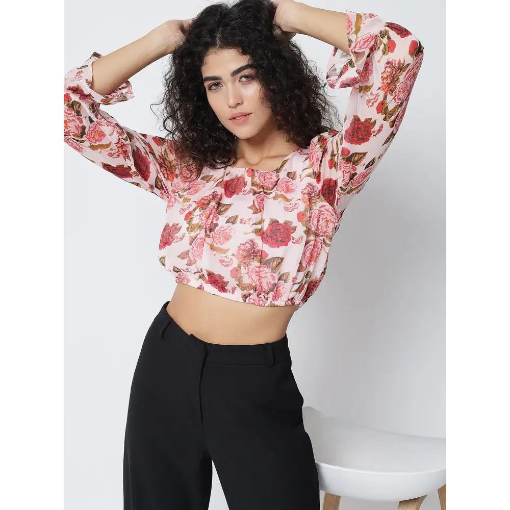 Trend Arrest Trendy Floral Print Crop Top Fleece Nylon Spandex