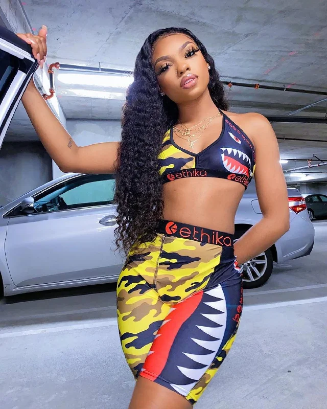 Contrast Letter Camouflage Cartoon Vest Sports Women Two-Piece Suit Lace Up O Neck Crop Top+Empire Shorts 2020 Summer Casual Set Chenille Brocade Lace Contrast Letter Camouflage Cartoon Vest Sports Women Two-Piece Suit Lace Up O Neck Crop Top+Empire Shorts 2020 Summer Casual Set Chenille Brocade Lace