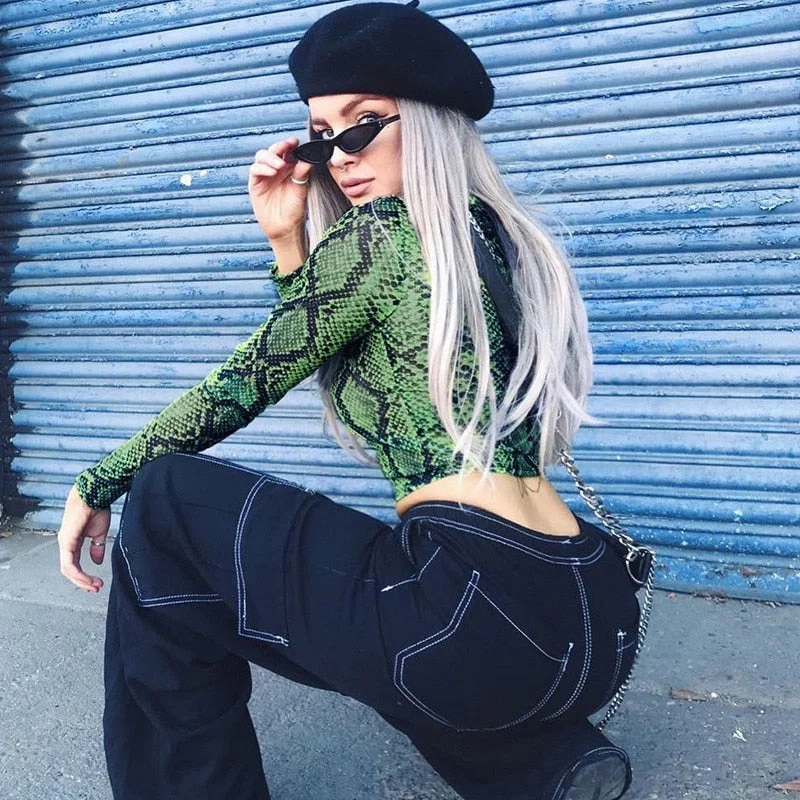 Wjczt Casual Green Snake Print T Shirt Women Mesh Top Long Sleeve Transparent Snakeskin Female T-shirt High Neck Crop Tops Houndstooth Herringbone Solid Wjczt Casual Green Snake Print T Shirt Women Mesh Top Long Sleeve Transparent Snakeskin Female T-shirt High Neck Crop Tops Houndstooth Herringbone Solid