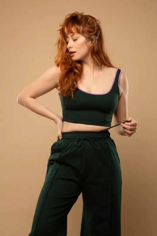 Api Crop Top in Forest Green ( with lilac piping) Cotton Fabric Linen Fabric Terry Fabric