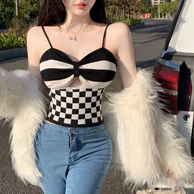 Wjczt Checkerboard Crop Top Women Sexy Hollowed Knitting Tank Top Bowknot Soft Comfortable Breathable Camisole 2022 New Spandex Blend Rayon Blend Denim Blend Wjczt Checkerboard Crop Top Women Sexy Hollowed Knitting Tank Top Bowknot Soft Comfortable Breathable Camisole 2022 New Spandex Blend Rayon Blend Denim Blend