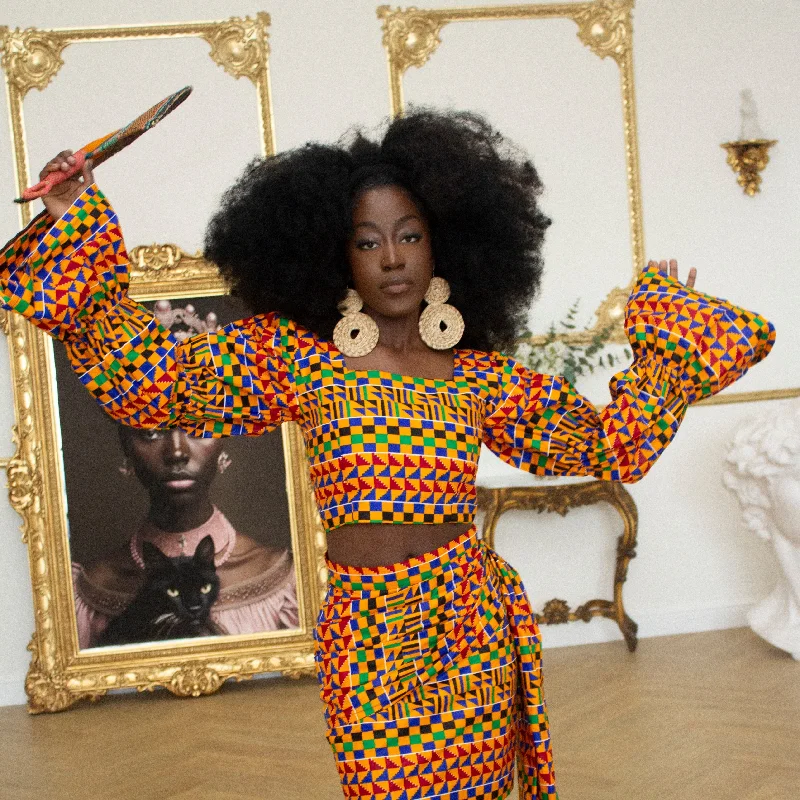 Afia Kente Crop Top Houndstooth Herringbone Solid