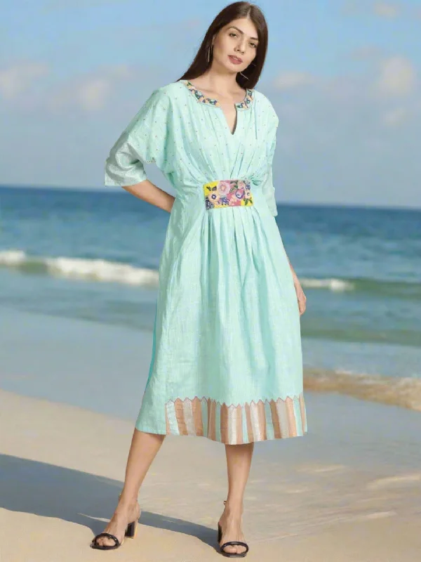 Beads Cluster Work Kaftan Dress - Aqua Floral Tunics Occasion special