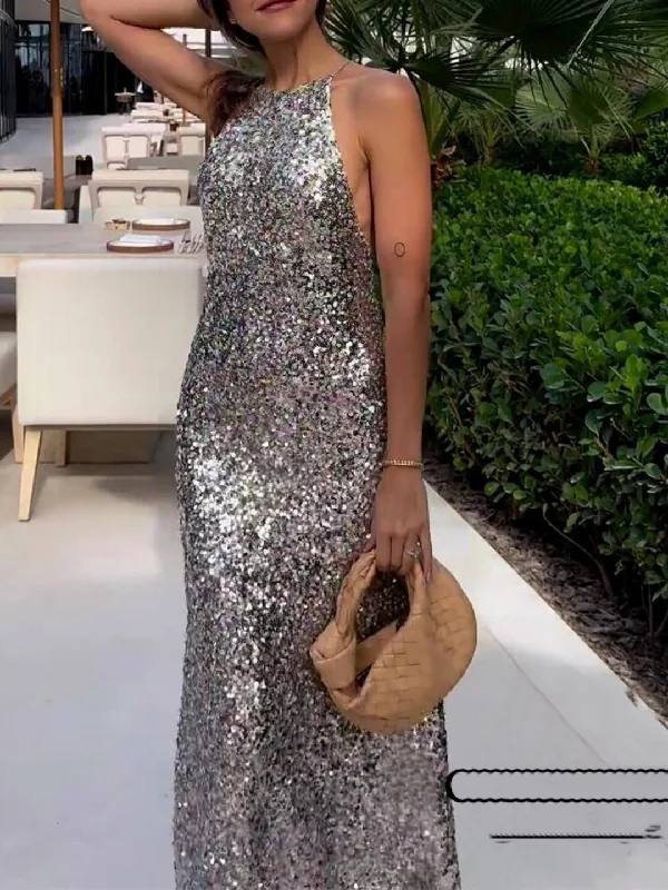 ASHORE SHOP Summer Sexy Multi Color sequins Sleeveless Backless Bodycon Female Midi Long Dresses Club Tunics Office stylish