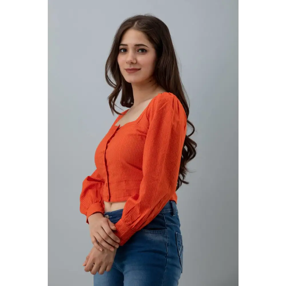 Elegant Cotton Katha Work Western Wear Crop Top For Women (Orange) Denim Fabric Leather Fabric Suede Fabric Elegant Cotton Katha Work Western Wear Crop Top For Women (Orange) Denim Fabric Leather Fabric Suede Fabric