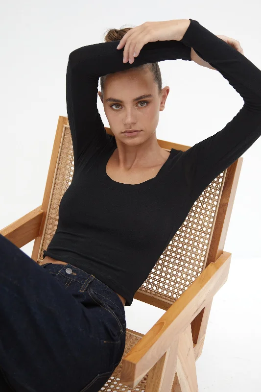Semi Sheer Long Sleeve Crop Top - Black Mesh Blend Leather Blend Suede Blend