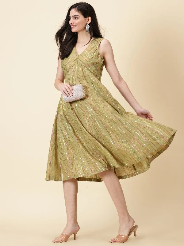 Olive Green Cotton Lurex  Dress Tunics stripes playful