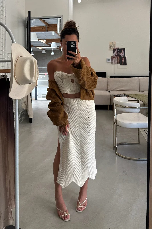 Nita Cream Knit Strapless Crop Top Real Fur Shearling Chenille