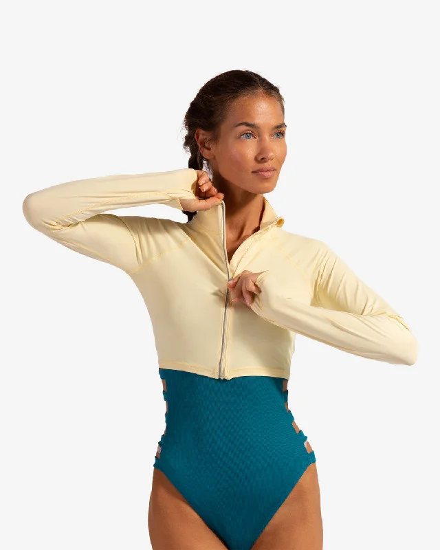 BloqUV: Women's UPF 50 Full Zip Crop Top (4010) - Lemon Yellow Polka Dot Checkered Tartan BloqUV: Women's UPF 50 Full Zip Crop Top (4010) - Lemon Yellow Polka Dot Checkered Tartan