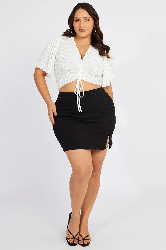 White Crop Top Short Sleeve Plisse Fleece Nylon Spandex