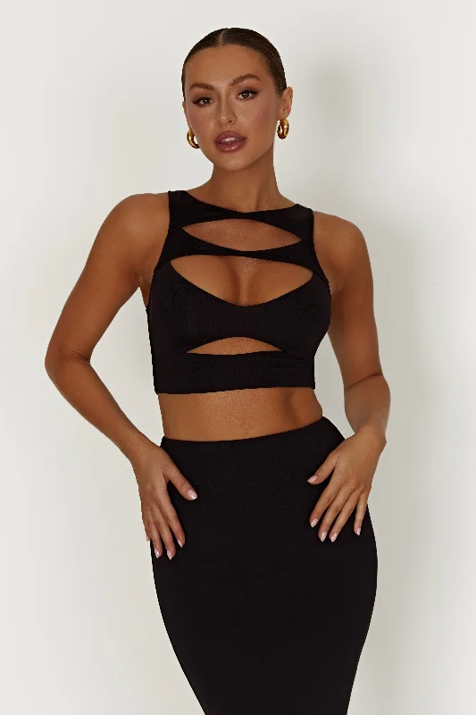 Chloe Cut Out Crop Top - Black Satin Fabric Silk Fabric Chiffon Fabric