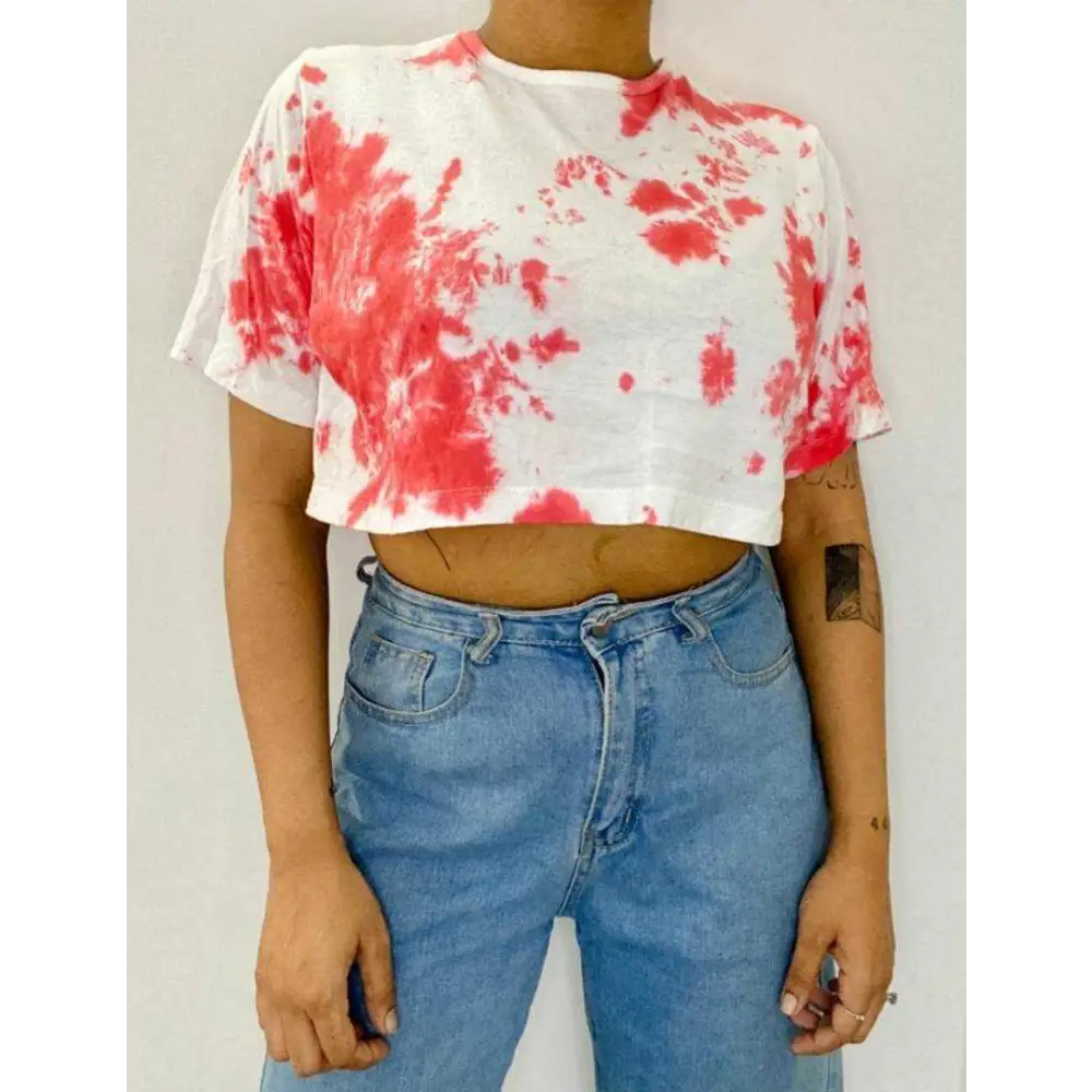 Red Dots Tie Dye Cotton Crop Top Ribbed Striped Patterned