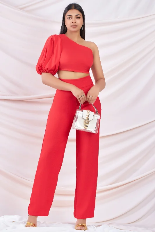 Red One Shoulder Crop Top Striped Floral Plaid
