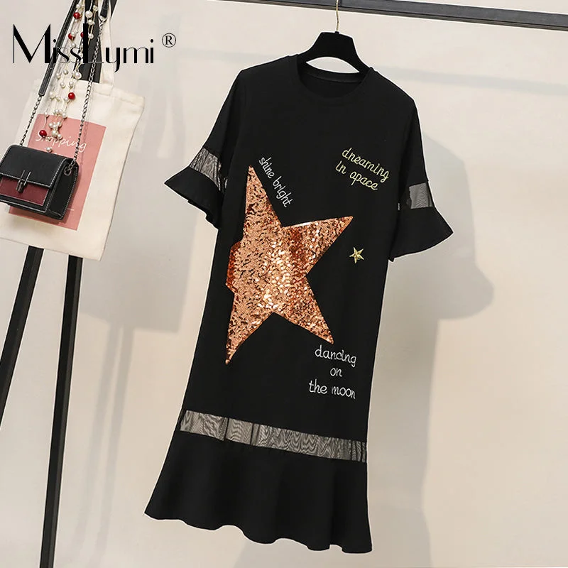 Patchwork Loose Casual Sequin Embroidery Dress Tunics Mesh breathable