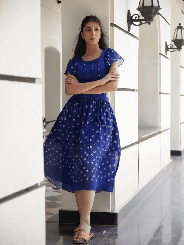 Blue Bandhej Back Tie-Up Dress Tunics Floral girly