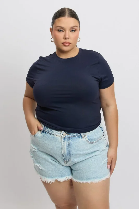 Blue T-Shirt Short Sleeve Crop Top Chenille Brocade Lace