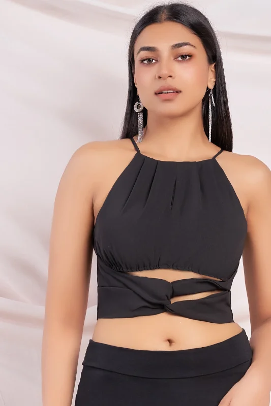 Black Knot Detail Crop Top Lace Blend Ribbed Blend Corduroy Blend