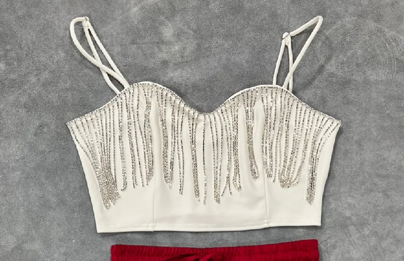 Spaghetti rhinestone strap crop top Collared Crop Top Boat Neck A-Line