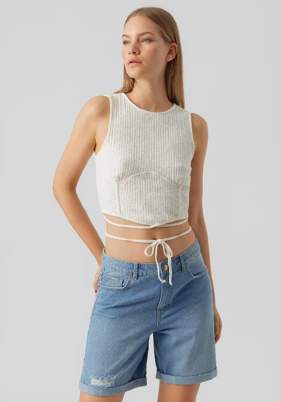 Vero Moda Camma Tie Waist Crop Top, Snow White Real Fur Shearling Chenille