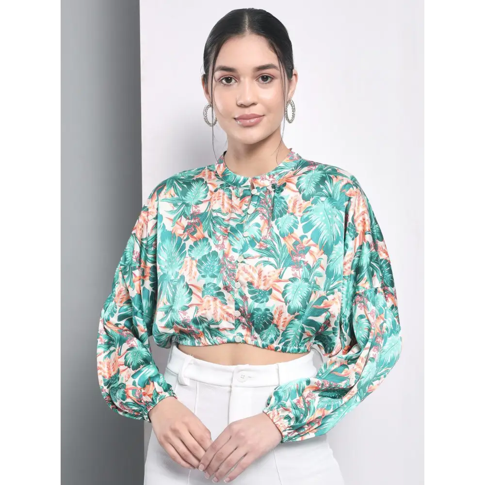Trend Arrest Women's Polyester Tropical Print Balloon Crop Top Fleece Fabric Down Fabric Feather Fabric Trend Arrest Women's Polyester Tropical Print Balloon Crop Top Fleece Fabric Down Fabric Feather Fabric