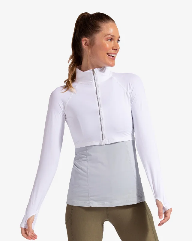 BloqUV: Women's UPF 50 Full Zip Crop Top (4010) - White Knit Fabric Woven Fabric Fleece Fabric BloqUV: Women's UPF 50 Full Zip Crop Top (4010) - White Knit Fabric Woven Fabric Fleece Fabric