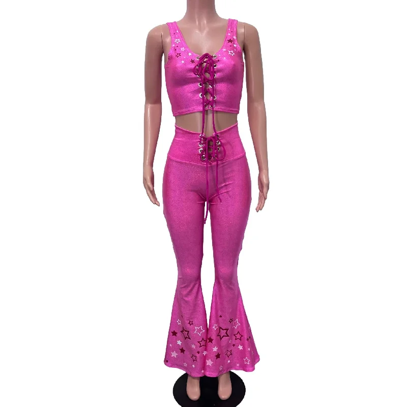 Pink Star Cowgirl Costume Outfit | Flare Pants w/ Crop Top Like Barbie Satin Blend Silk Blend Wool Blend Pink Star Cowgirl Costume Outfit | Flare Pants w/ Crop Top Like Barbie Satin Blend Silk Blend Wool Blend