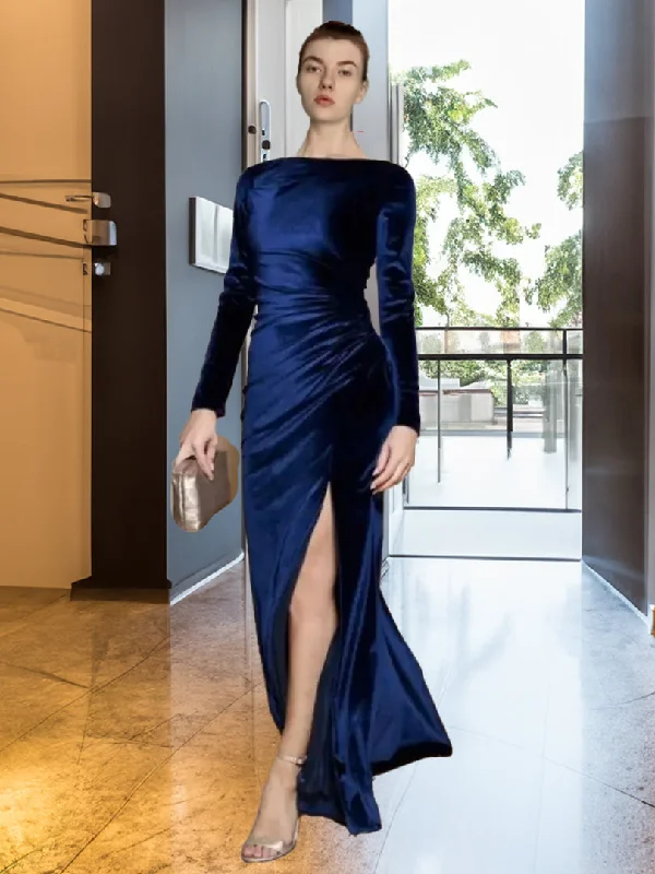Ashore Shop Velvet Boat Neck Long Sleeve Evening Dress Tunics Fleece cozy