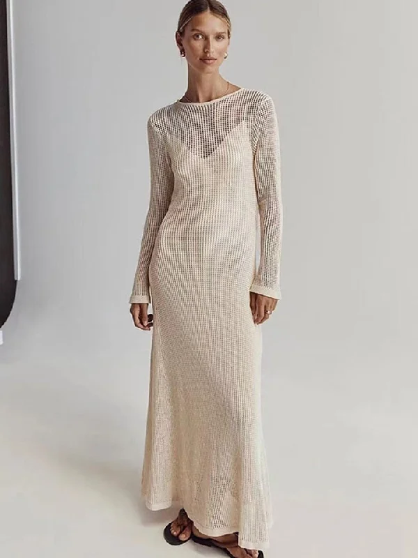 Sexy Knitted Beach Dress For Women Hollow Out O-neck Long Sleeve Female Dresses 2023 Summer Tunics Yoga stretchy Sexy Knitted Beach Dress For Women Hollow Out O-neck Long Sleeve Female Dresses 2023 Summer Tunics Yoga stretchy