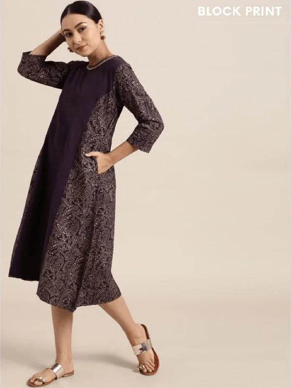 Purple Block Print A Line Dress Tunics Luxurious high-end