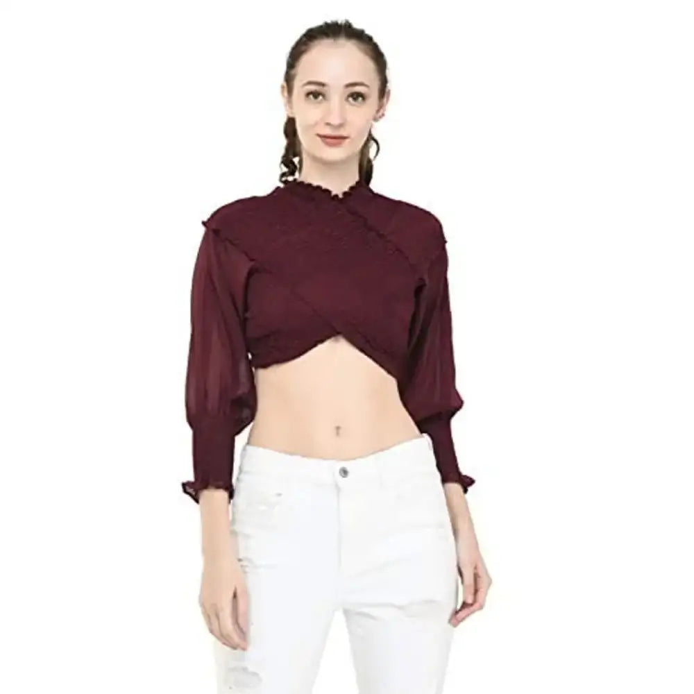 Teekhi Girl Women's Poly Crep Solid Casual Off Shoulder Crop Top Layered Multi-layer Single Layer