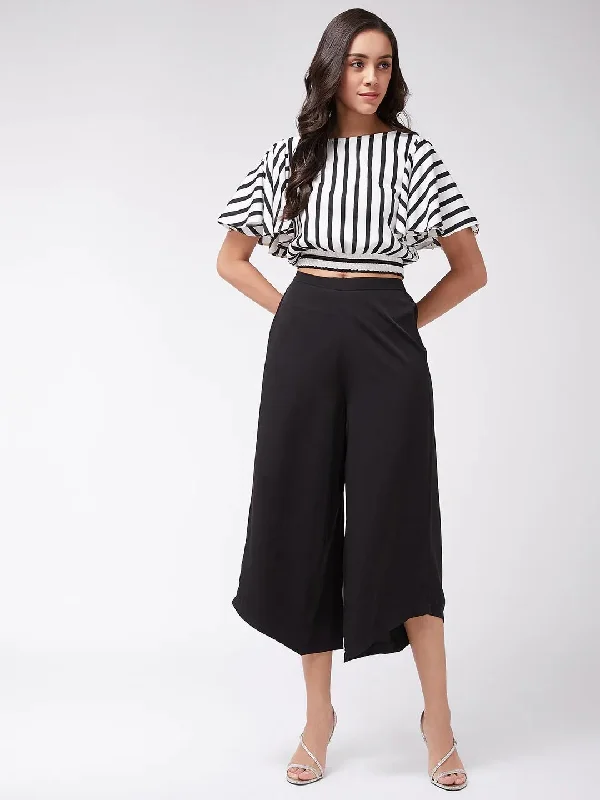 PANNKH Monocromatic Stripes Crop Top With Solid Pants Wool Fabric Cashmere Fabric Tweed Fabric