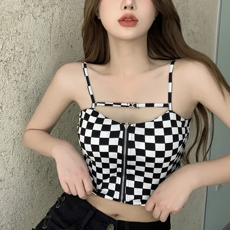 Wjczt Black White Plaid Crop Top Women Design Zipper Camisole Slim Sexy Tank Top French Chic Sports Bandeau Girl Summer 2022 New Zippered Front Buttoned Front Snap Front Wjczt Black White Plaid Crop Top Women Design Zipper Camisole Slim Sexy Tank Top French Chic Sports Bandeau Girl Summer 2022 New Zippered Front Buttoned Front Snap Front