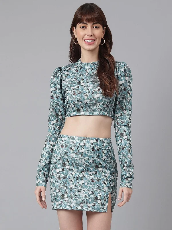 FLAMBOYANT Women Slubby Green Crop Top and Skirt Set Denim Fabric Leather Fabric Suede Fabric FLAMBOYANT Women Slubby Green Crop Top and Skirt Set Denim Fabric Leather Fabric Suede Fabric