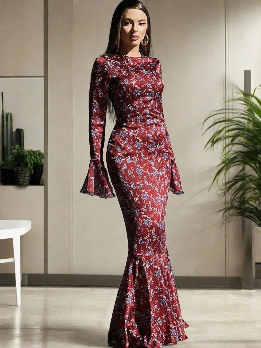 Slim Print Women's Dress 2024 Bodycon O-Neck Long Sleeve Ankle Length Dresses Elegant Classic Female Dress Tunics Winter warm Slim Print Women's Dress 2024 Bodycon O-Neck Long Sleeve Ankle Length Dresses Elegant Classic Female Dress Tunics Winter warm