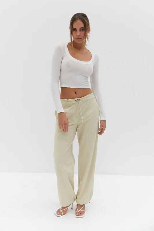 Semi Sheer Long Sleeve Crop Top - White Ribbed Crop Top High Neck Heavyweight