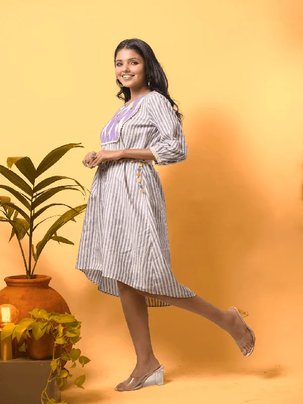 Women Mauve Striped Linen Dress Tunics Spring floral