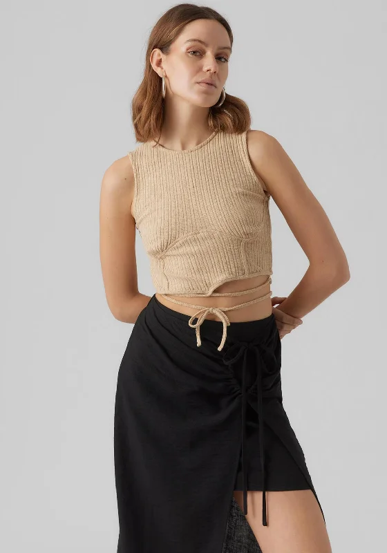 Vero Moda Camma Tie Waist Crop Top, Irish Cream Beaded Sequined Faux Fur