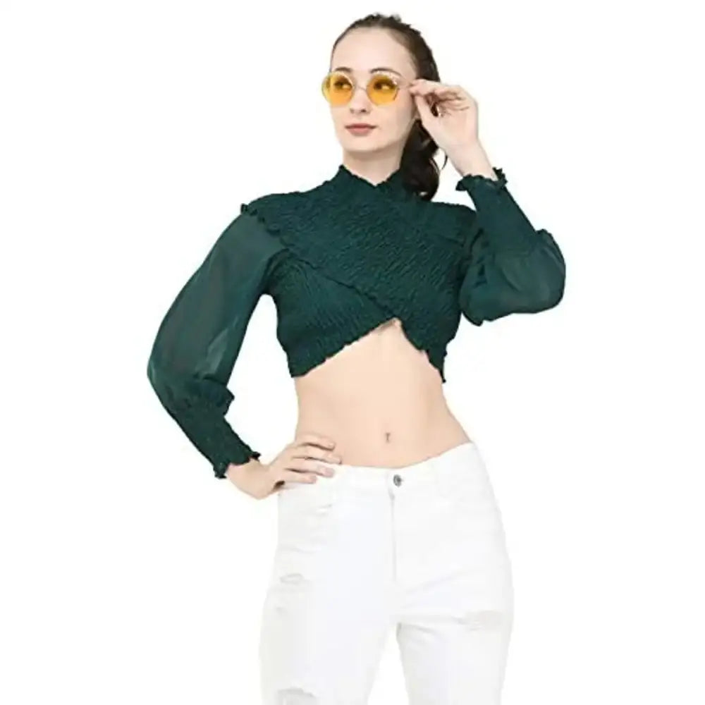 Fashion Hub Cross Crop top for Women (Large, Green) Boxy Fit Fitted Loose