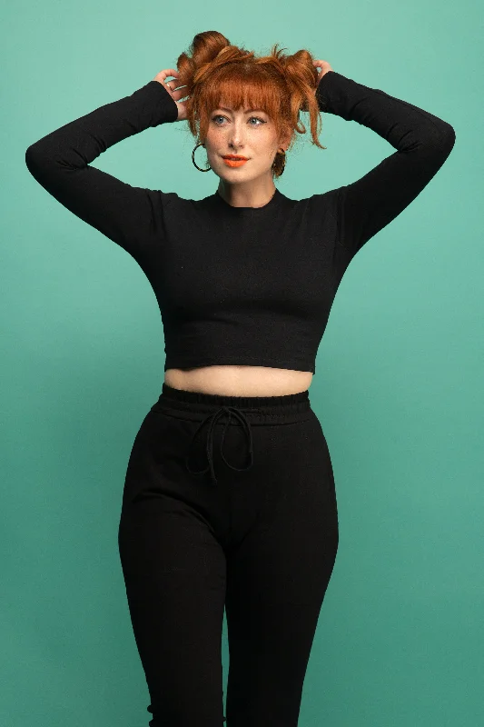 Leki Crop Top in Black Rayon Velvet Corduroy