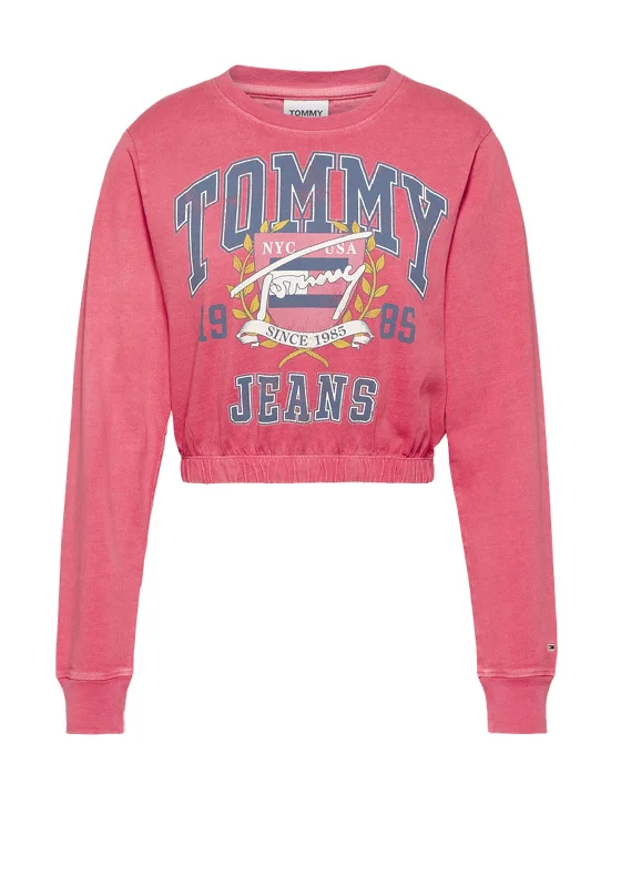Tommy Jeans Womens Vintage College Crop Top, Pink Collared Crew Neck Turtle Neck