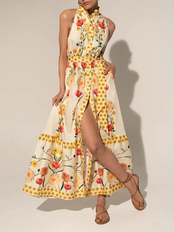 Sleeveless Long Dress For Women Halter High Waist Hit Color Print Spliced Split Thigh Tunics Cozy soft Sleeveless Long Dress For Women Halter High Waist Hit Color Print Spliced Split Thigh Tunics Cozy soft