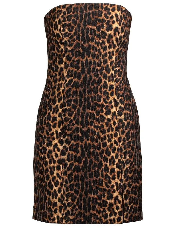 Leopard Strapless Slit Dress Cowl Neckline Elegant