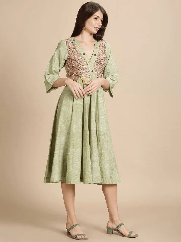 Women green Embroidered Dress Tunics Formal black