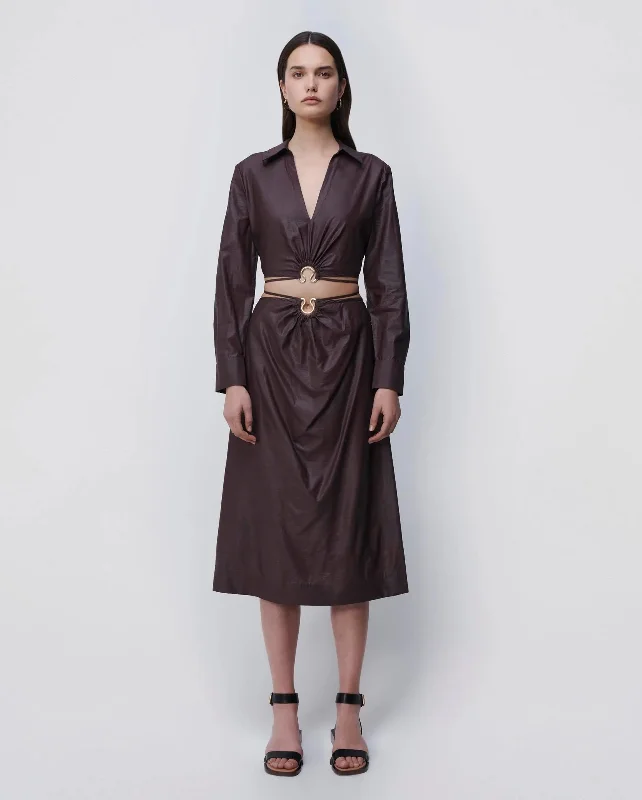 BRESLIN COATED SATIN CROP TOP / DARK CHOCOLATE Knit Fabric Woven Fabric Fleece Fabric