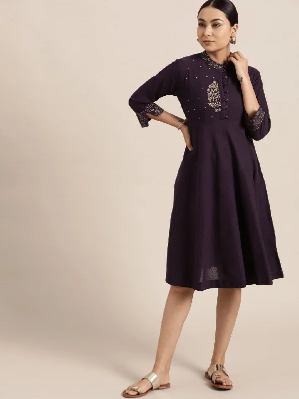 Purple Khadi Block  Print Dress Tunics Chic elegant